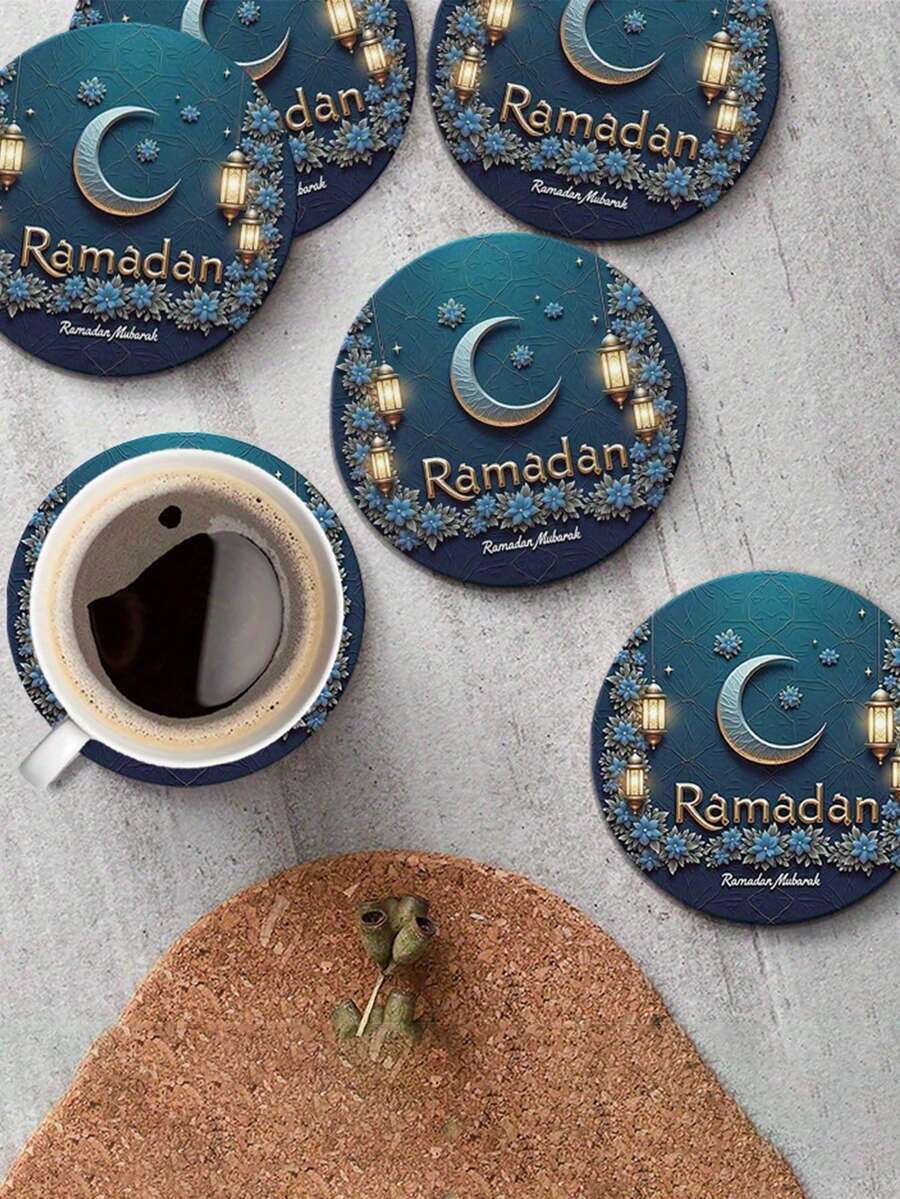 6pcs Round Wooden Coasters - Ramadan Theme Moon & Lantern Design, Wooden Home Decor, Housewarming Gift, Father's Day, Independence Day, Holiday Tableware, Durable Surface, Tabletop Protection, 2D Flat Design, Ramadan, Eid Al-Fitr Holiday Coasters, Placemats, Table Protectors, Home Decor - Multicolor - View 1