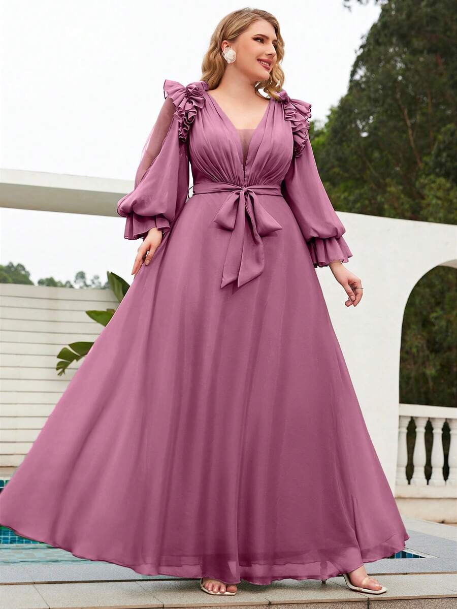 Đầm voan mỏng nhẹ, tay phồng, cổ chữ V, xếp ly, thắt eo, chất liệu chiffon mềm mại, thanh lịch, thích hợp cho đám cưới, tiệc mùa xuân. - Bụi hồng - Xem 1