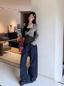 Women's Fashionable Versatile 2 In 1 Long Sleeve T-Shirt - Black and Gray - View 2