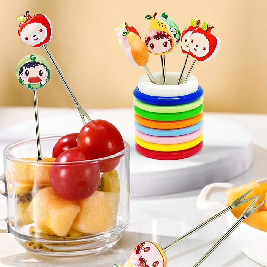 8 piezas de tenedores de fruta de colores aleatorios, pinchos para postres - color - Ver 1