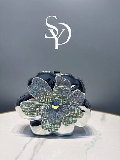 1pc SHENGDAYU Luxury Silver Rhinestone Shiny Women's Handbag, Exquisite Acrylic Cosmetic Clutch Bag, Elegant Floral Evening Bag Suitable For Weddings, Parties, Formal Occasions, Women's Gift Party Bag, Perfect For Parties, Weddings, Christmas, Halloween Galas, Formal Events/Celebrations, An Essential For Wedding Occasions, Perfectly Matches Graduation Dresses, Prom Dresses, And Is The Perfect Accessory For Formal Events.