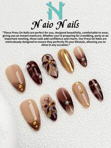 NAIO 10 sztuk/zestaw. Naklejki na paznokcie Almond Handmade Nails Y2K Baddie Style, w kolorach nude, złotym i brązowym, z francuskimi brzegami, trójwymiarowymi rzeźbionymi kwiatami i francuskimi wzorami ze stopu chromu, zdobione złotymi i perłowymi zdobieniami. Odpowiednie dla kobiet i dziewcząt, idealne na imprezy i na co dzień. W zestawie zestaw narzędzi do zdobienia paznokci. Piękny prezent dla kobiet i dziewcząt. - Wielokolorowe - Zobacz 3