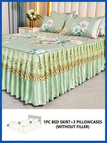 三件套柔软凉爽面料+欧式花卉印花床上用品套装（含1件床裙+半个枕套，不含枕芯），吸湿排汗，透气抗皱，四季皆宜，优雅印花，时尚美观，适合卧室和酒店使用。 - 花開富貴--綠 - 查看 5