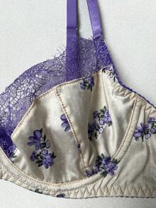 女士花卉印花蕾丝拼接性感内衣套装 - 紫色 - 查看 8