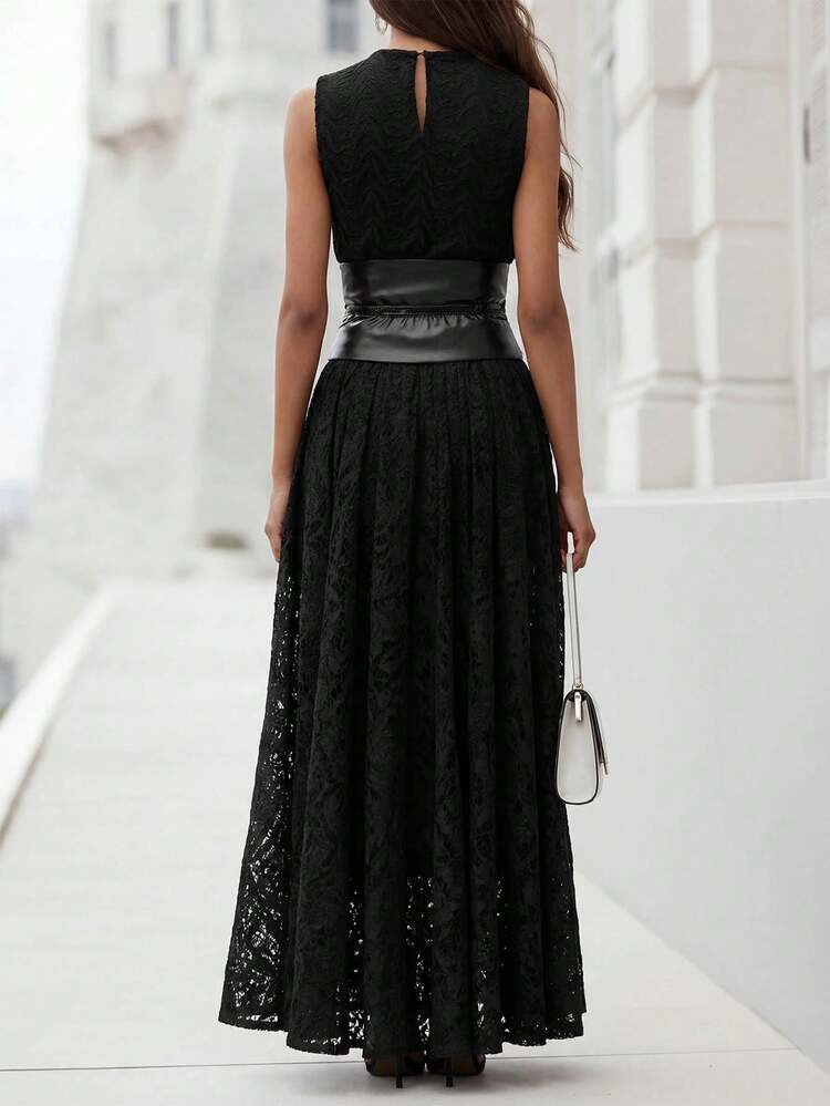Vestido largo de encaje negro sexy y elegante para mujer Vuslat - Vestido de noche formal con corte en el frente, cinturón ancho, adecuado para el Día de San Valentín, fiestas, oficina, uso diario, casual de negocios - Negro - Añade 5
