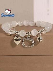 1pc Sanrio Licensed Hello Kitty Y2K Style Beaded Stretch Bracelet, Heart Charm, Cute Cartoon Bracelet, Birthday Celebration Accessory, Party Gift - Multicolor - View 2