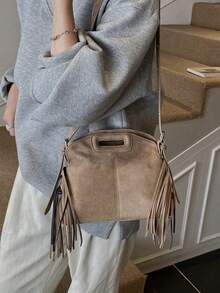 2025新款流苏装饰个性时尚百搭手提包，休闲通勤单肩斜挎包 - 卡其色 - 查看 4