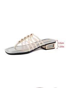 Women's White Thong Sandals With Criss-Cross Woven Strap And Button Decor, Square Toe Casual Low Heel White Shoes, Suitable For Summer Outings, Vacation, Beach - White - View 7