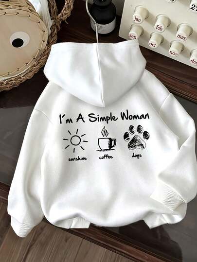 Women's Fun I'm A Simple Woman Coffee And Tea Print Hooded Sweatshirt - Comfortable Pullover With Front Pocket, Long Sleeve Casual Sweater, Suitable For Spring, Autumn, And Winter, Coffee Lover Gift (Machine Washable) - White With Black Letters, Loose Fit, Daily Wear, No Belt, Pullover Style, All-Season Comfort, Women's Fashion, Soft Fabric, Humorous Coffee Theme Design