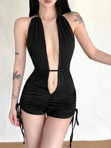 Top Dazzle Chic Women's Asymmetrical Backless Sexy Bodysuit Featuring Contrast Faux Fur Detail In Medium Stretch Polyester Vacation Travel Carnivals Vacation Travel Carnivals - Black - View 4