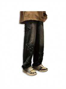 Unisex Y2k Baggy Dark Star Jeans High Waisted Hip Hop Streetwear Embroidery Pants Harajuku Aesthetic Style - 黑色 - 查看 9