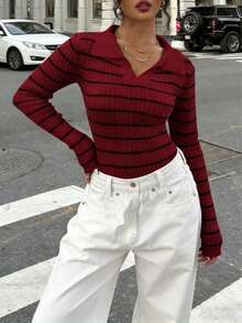 Fitted Striped Long Sleeve T-Shirt, American Style - Burgundy - View 2
