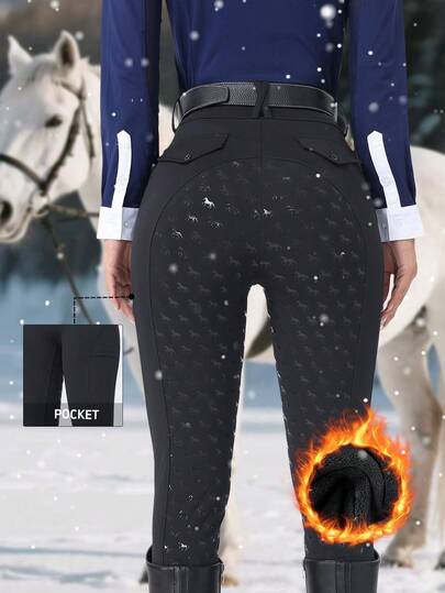ROYALS MATTINI Women's Equestrian Pants, Solid Color, Simple Cycling Pants, High Waist, Thermal Lined, Full Seat Silicone Grip, Elastic Fitted With Pockets, Suitable For Autumn/Winter Riding