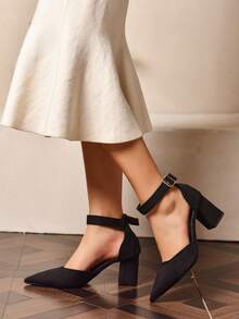 Women's Black Suede Pointed Toe Chunky Heel Ankle Strap Sandals - Black - View 11