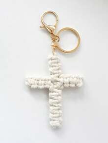 1Pc Handmade Macrame Cross Keychain Bohemian Christian Jesus Key Ring Bag Charm Car Accessory For Women Men Couple Holiday Birthday Gift - 彩色 - 查看 16