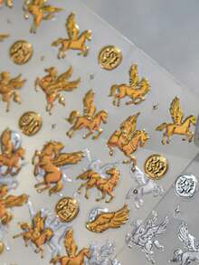 1pc Hot Stamping Flying Horse Treading Swallow European Vintage Gold Galloping Steed Angel Wing 5D Nail Art Stickers Mythical Elegant Nail Decals Self-Adhesive Manicure Accents For Women Nails - Multicolor - View 2