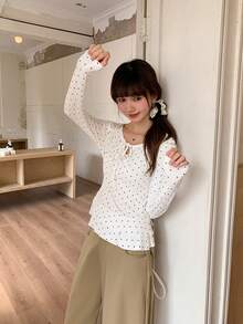 Polka Dot Ruffle Shoulder Long Sleeve T-Shirt, Fitted Undershirt With Bow Tie, Autumn/Winter - White - View 2