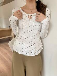 Polka Dot Ruffle Shoulder Long Sleeve T-Shirt, Fitted Undershirt With Bow Tie, Autumn/Winter - White - View 1