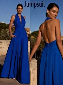 Solid Color Knit Backless Jumpsuit For Wedding, Holiday, Party - Blue - View 4