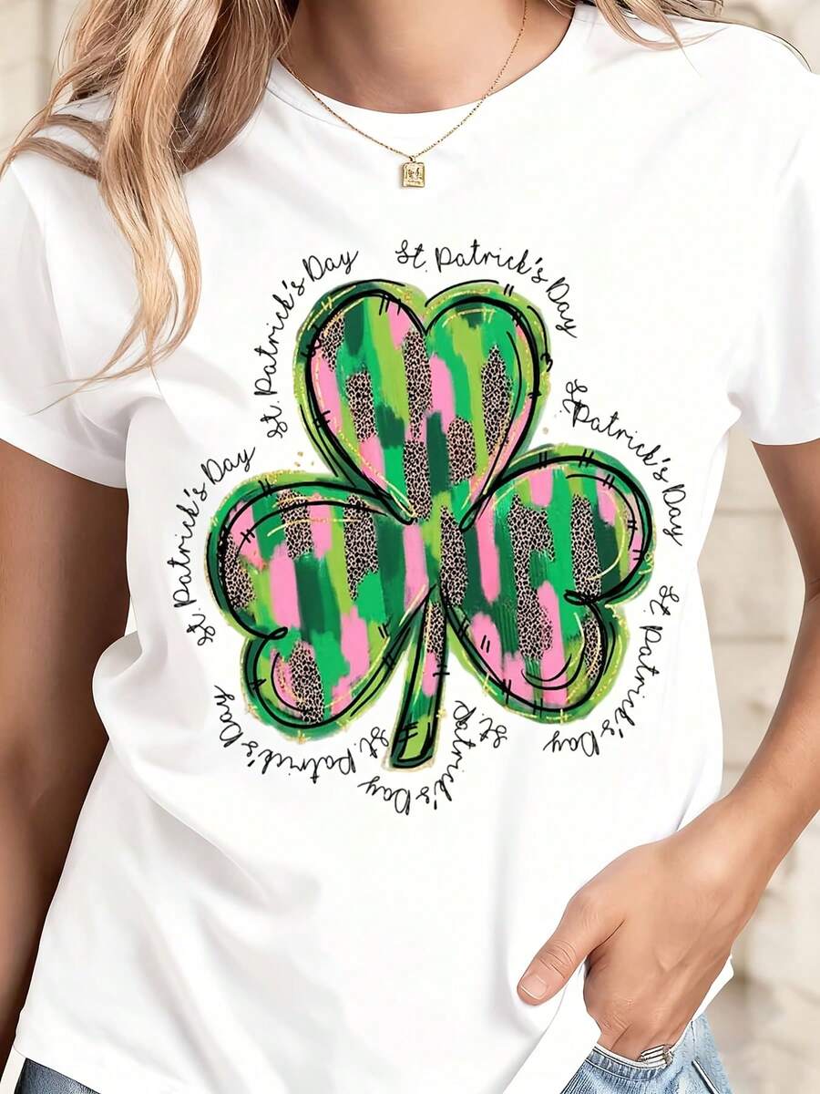 St Patrick's Day T-Shirt White Clover Plaid Print With St Patrick's Day Text For Festive Celebration - 白色 - 查看 1