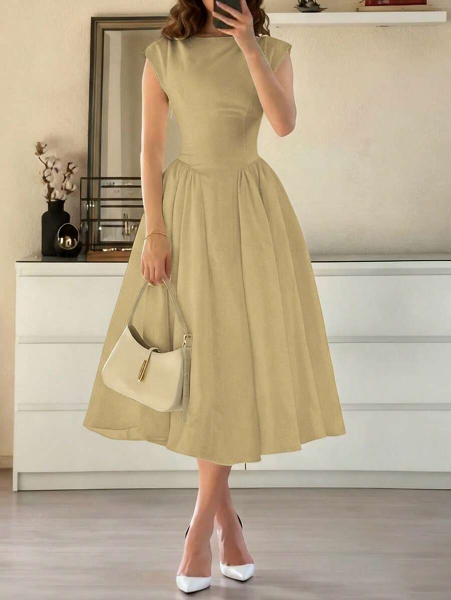 女士休闲优雅复古浪漫长款泡泡袖连衣裙，复古收腰连衣裙，适合婚礼、约会、外出，浪漫可爱，法式白色收腰连衣裙，夏季款 - 卡其色 - 查看 1