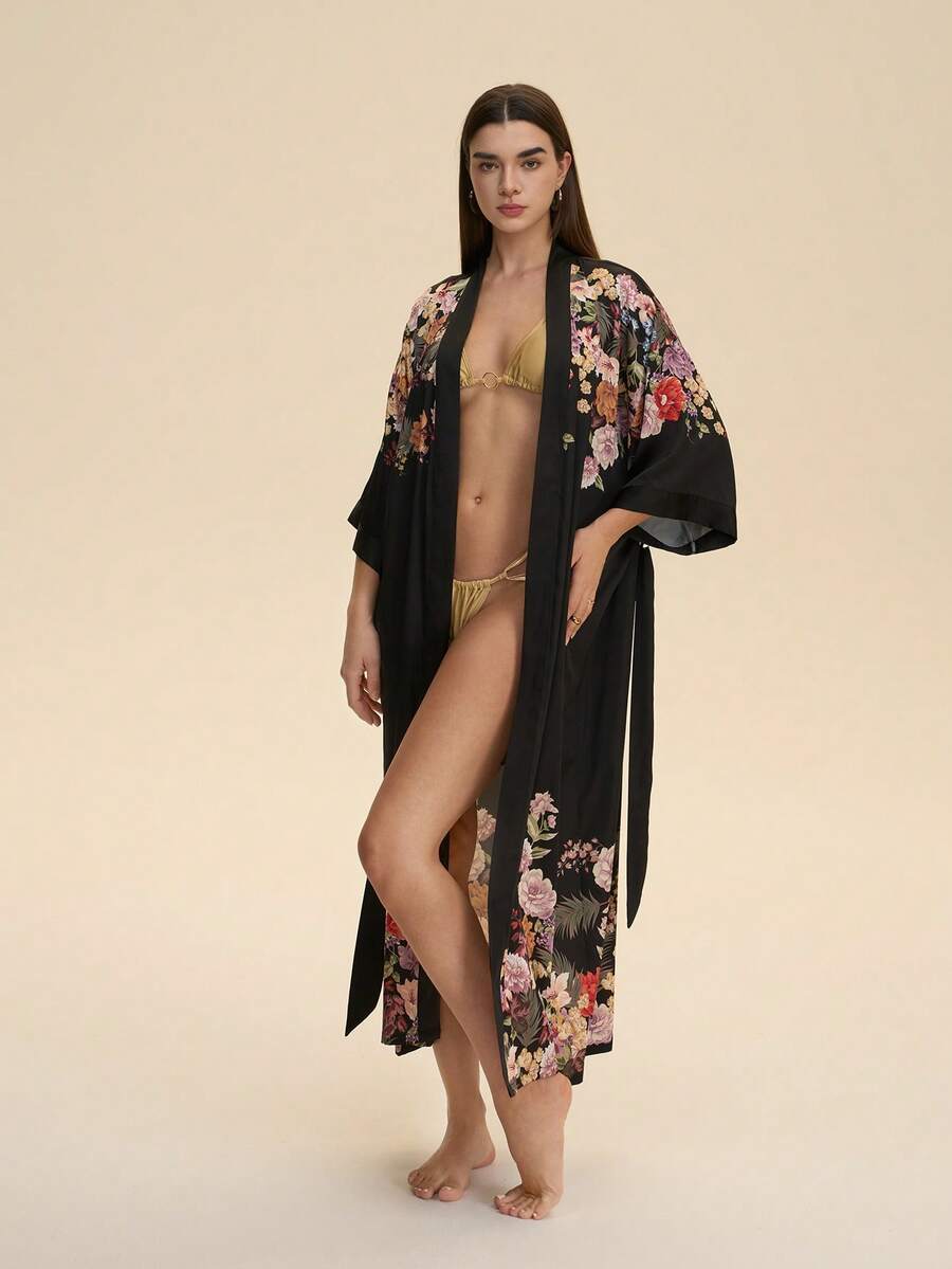 Áo choàng kimono in họa tiết phong cách retro rộng rãi, thanh lịch, thích hợp mặc ở nhà, thắt eo, kiểu dáng thoải mái, đồ ngủ nhẹ nhàng mùa hè, thích hợp mặc ngoài biển, áo tắm. - màu đen - Xem 1