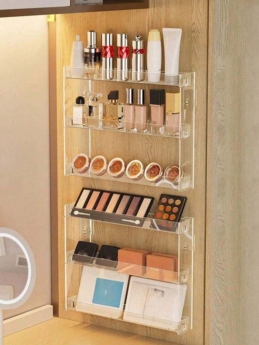 Présentoir de maquillage transparent sans perçage, étagère de rangement en acrylique multicouche, étagère murale pour salle de bain, organisateur de cosmétiques et de soins de la peau, style de rangement minimaliste, matériau en acrylique transparent, design à plusieurs niveaux, installation sans perçage - Transparent - Voir 1