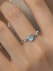 1pc Elegant Heart-Shaped Cubic Zirconia Ring, Suitable As Valentine's Day Gift, Wedding Engagement Anniversary Party Jewelry For Women - Silver - View 4