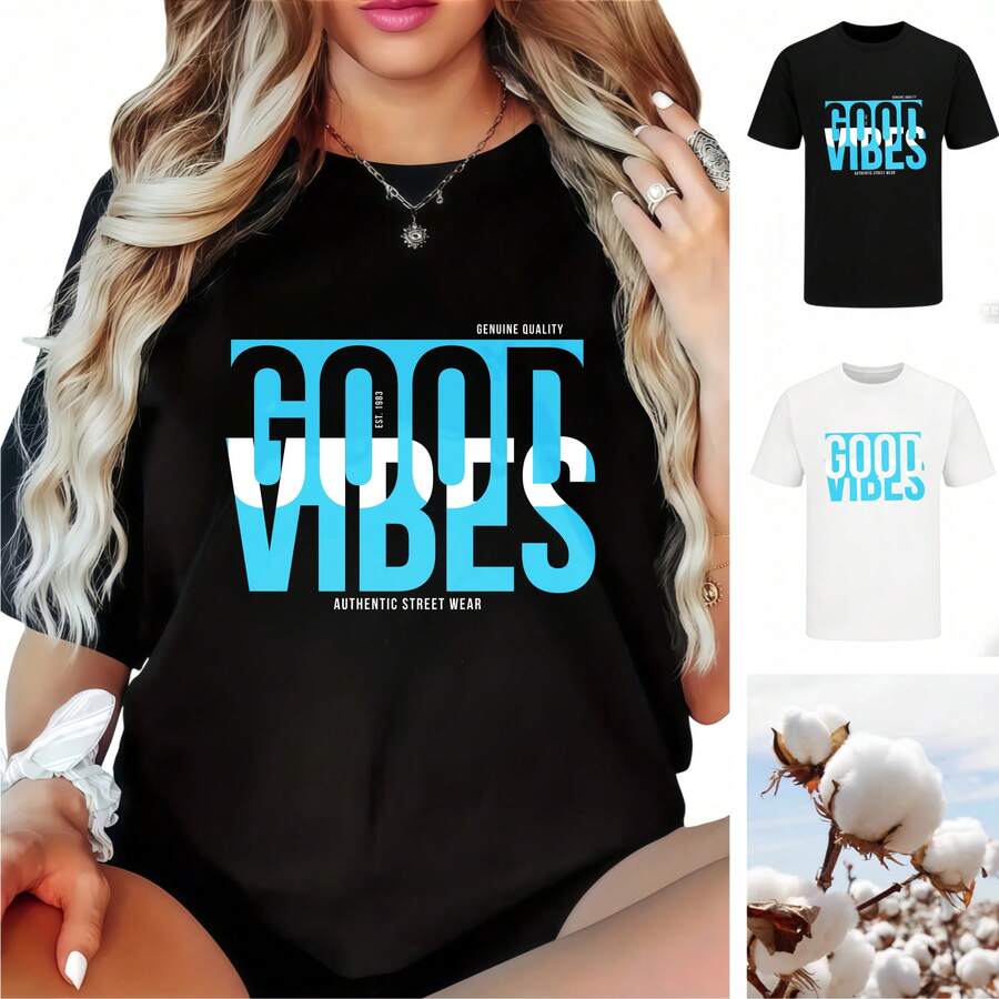 Estilo minimalista fresco, buenas vibraciones, ropa de calle auténtica, camiseta de punto suave, trabajo, fin de semana, casual - Negro - Ver 1