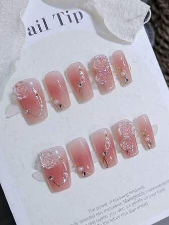 Monina 10pcs Handmade Camellia Flower Gradient Blush Nail Stickers, Delicate Pearls, Elegant & Chic Nail Art Decals, Suitable For Commuting, Travel