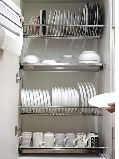 1pc-4pcs- Kitchen Storage Rack /7/10/13 Layer Storage Rack/Adjustable Storage Rack, Perfect For Storing Cutlery LIDS, Cookware, Bowls And Plates, And Cutting Boards. It Can Be Placed On The Countertop Or Stored In A Drawer. This Multi-Functional Storage Rack Can Optimize Space Utilization. Essential For The Kitchen, Perfectly Storing All Your Household Items. It Features A Retractable Design And A Drainage System. (Black/White