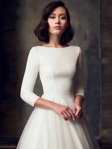 Charming Long Sleeves Boat Neck A Line Satin Wedding Dress,Registry Office Dresses Bridal Gown,Evening Party Dress Birthday Party Dress Country Wedding,Romantic Church Ceremony Wedding Dress,Suitable For Wedding,Dating,Party,Singles' Party,Vacation,Formal Occasions,Dinner Dress,Prom Dress,Homecoming Dess,Cocktail Party,Wedding Guest Dress,Graduation - trắng - Xem 2