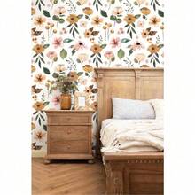 1 Roll Of Floral Self-Adhesive Wallpaper, Suitable For Tenants' Wallpaper, Namely Peeling And Applied Floral White/Yellow/Green Retro Wallpaper, Suitable For Bathroom, Bedroom, Kitchen, Stair Contact Paper, Home Decoration Paper - White - View 6