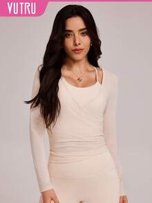 VUTRU 二合一可拆卸网眼长袖运动罩衫，瑜伽普拉提运动服上衣 - 杏色 - 查看 3