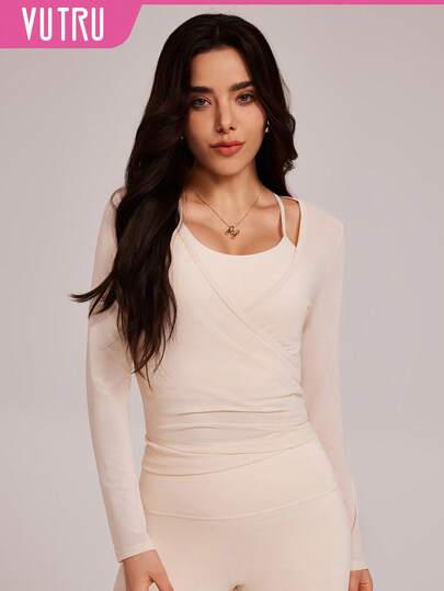 VUTRU 2-In-1 Detachable Mesh Long Sleeve Sports Cover-Up, Yoga & Pilates Activewear Top