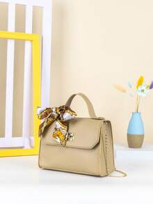 Scarf Accessory Chain Flat Handbag - Khaki - View 5