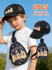 2件套儿童水豚图案透气网眼棒球帽和斜挎包，可爱动物印花儿童夏季配饰 - 2pcs - 查看 1