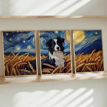 Conjunto de 3 peças de mural de parede em tela com Border Collie em céu estrelado, pôster com estampa de cachorro em aquarela, adequado para decoração de casa, decoração de quarto, decoração de sala de estar, decoração de banheiro, decoração de parede, arte de parede opcional com moldura.