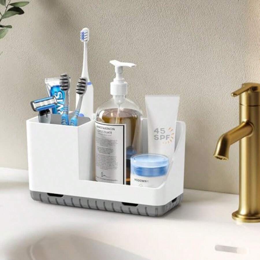 2026 New 1pcs Grey Toothbrush & Toothpaste Holder With Drainage - Detachable  Organizer, Non-Slip HIPS Plastic Storage Caddy, Used For Bathroom Counter Organizer, But Also Can Be Applied To Kitch, Drer, Office And Other Places - 灰色 - 查看 1