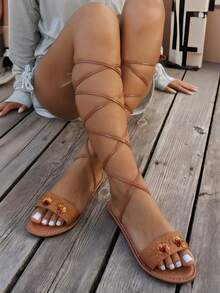 Women's New Light Brown Sexy Lace-Up Woven Flat Sandals, Open Toe Round Toe Mules, Handmade Beaded And 3D Sequin Flower Decorated Outdoor Slippers, Bohemian Style, Suitable For Party, Casual And Holiday - Brown - View 7