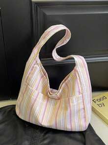 Túi đeo vai nữ dung tích lớn, kiểu dáng thường ngày, họa tiết sọc, chất liệu vải canvas, thích hợp cho học sinh. Ba lô phong cách Hàn Quốc dành cho sinh viên. - Hồng - Xem 3