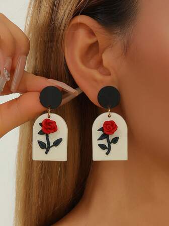 1 par de pendientes colgantes elegantes de arcilla polimérica con flores, textura en relieve 3D de rosa, forma geométrica rectangular con bloque de color y base redonda, para uso en salidas de fin de semana, citas de café y entusiastas del estilo elegante