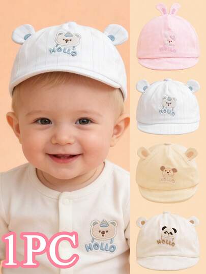 1顶婴儿薄款动物图案+“HELLO”刺绣软边护耳帽，可爱活泼，防晒棒球帽，适合3-12个月宝宝，春夏日常及度假佩戴，多种款式可选