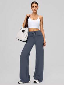 MASKERT Women's High Waist Drawstring Wide Leg Sweatpants, Loose Flowy Slimming Comfortable Casual Sports Pants - Blue - View 9