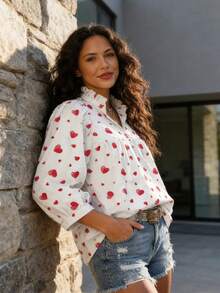 Women's Ruffle V-Neck Heart Print Blouse – Lightweight Long Sleeve Loose Fit Top With Frilled Collar, Cute Red Heart Pattern, Soft Fabric, Casual Romantic Style For Spring Summer, Valentine's Day, Women's Day, Mother's Day, Daily Wear, Hot-Selling Ladies Shirt - 白色 - 查看 3