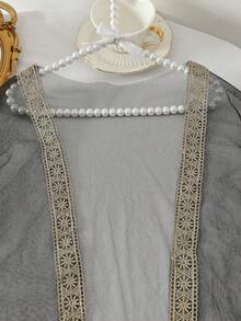 Young Girl' Fashionable Casual Cute Middle Eastern Style Green Printed Dress + Lace Mesh Shawl Jacket - Green - View 7