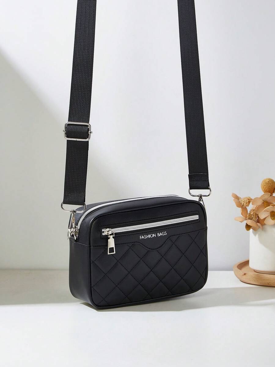 1pc Fashion Casual Zipper Shoulder Bag With Letter Print, Quilted PU Leather Large Capacity Crossbody Bag, Suitable For Daily Shopping And Travel - Black - View 1