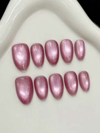 10 st mandelfärgade handgjorda press-on-naglar för fest och vardagsbruk, rosa färgade naglar, glänsande kattögonfärgade, lätta att bära. 10 st Y2K handgjorda press-on-naglar, lämpliga för tjejer och kvinnor, festivaler, fester och vardagsbruk.