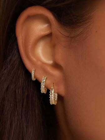 Set de 3 piezas de aretes de aro chapados en oro para mujeres y hombres, aretes de circonita de moda para uso diario, punk, fiesta, hip hop, regalo para novia, amante, esposa