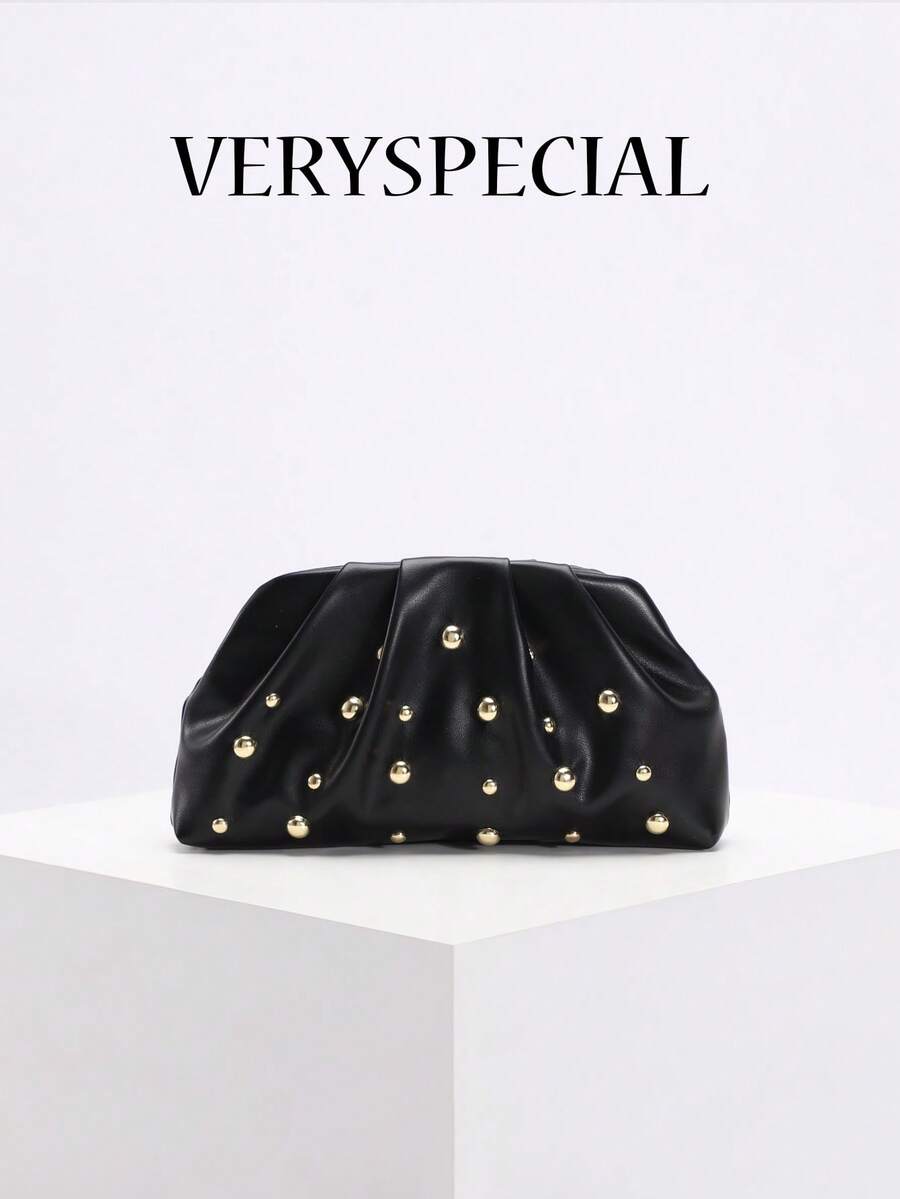 1pc High-End European Punk Style Heavily Embellished Metal Stud Ruched Cloud Clutch Bag, Fashion Women's Handbag With Chain Strap Suitable For Daily Commute And Formal Occasions - Multicolor - View 1